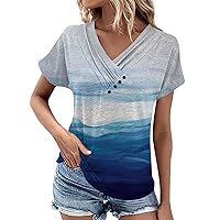 Henley Shirt,Womens Tops Summer Button Solid Color Ruched Short Sleeve Loose Shirts Basic Dressy Blouse Ladies 2024 Outfits Short Sleeve Shirts for Women