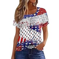 Women's Tops American Flag 4Th of July 2024 Patriotic Star Stripes Casual Button Square Neck Short Sleeve Tee Blouse