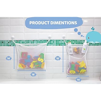 2 x Mesh Bath Toy Organizer + 6 Ultra Strong Hooks – The Perfect Bathtub Toy Holder & Bathroom or Shower Caddy – These Multi-use Net Bags Make Baby Bath Toy Storage Easy – For Kids & Toddlers