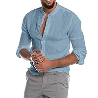 DuDubaby Running Shirt for Mens Linen Long Sleeved Casual Shirt Collarless Standing Collar Summer Top