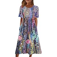 Womens Boho Floral Print Loose Casual Summer Short Sleeve Long Maxi Dress with Pockets for Wife