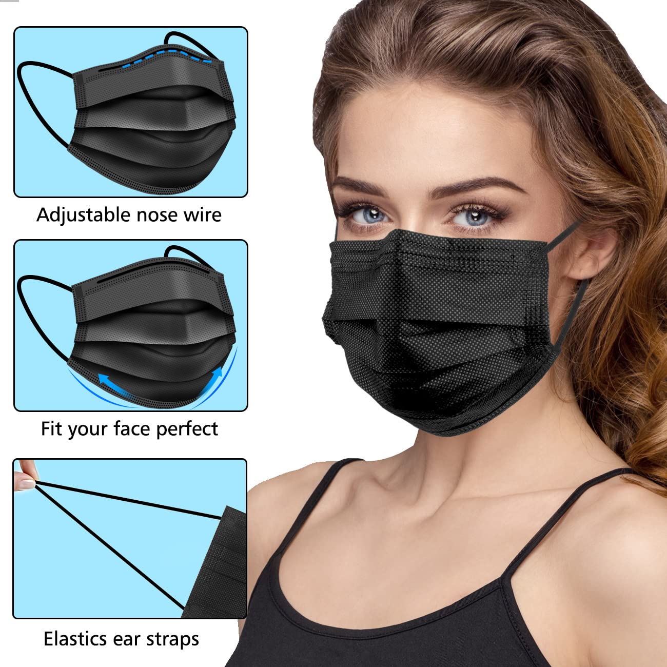 50PCS Face Masks, Masks Disposable, 3 Layer Protection Black Disposable Face Masks for Adult, Teenager, elderly