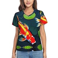 Koi Fish and Lotus Women's T Shirts V-Neck Tops,Flowy Shirts Ideal Casual Occasions,Adaptable Summer Shirts for Most Women