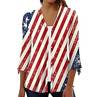 Cardigan for Women 2024 Button Down V Neck Shirts 3/4 Length Sleeve Top Loose Fit 4th of July Flag Printed Top