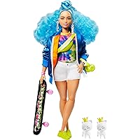 Barbie Extra Doll #4, Curvy, in Zippered Bomber Jacket with 2 Pet Kittens, Extra-Curly Blue Hair, Layered Outfit & Accessories Including Skateboard, Multiple Flexible Joints, For Kids 3 Years Old & Up