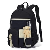 mommore Girls Backpack for School, Kawaii Kids Backpack, Lightweight Bookbag for Teen Girls Middle High School Daypack with Bear Pendant, Travel Outdoors, Black