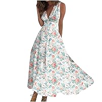 Summer Dresses for Women 2024 Deep V Neck Casual Cute Long Dress Elegant Floral Maxi Dresses Sexy Sleeveless Swing Dress
