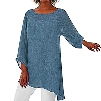 Women's Linen Blouse High Low Shirt 3/4 Length Sleeve Tops Casual Linen Long Sleeve Top Shirts Basic Summer Loose Fit Blouse