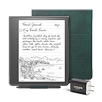 Kindle Scribe Essentials Bundle including Kindle Scribe (16 GB), Premium Pen, Brush Print Leather Folio Cover with Magnetic Attach - Foliage Green, and Power Adapter
