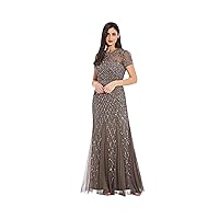 Adrianna Papell Women's Short-Sleeve Grid Beaded Gown