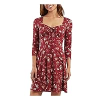 Womens Maroon Unlined Tie Detail Pullover Floral 3/4 Sleeve Sweetheart Neckline Above The Knee Fit + Flare Dress Juniors M