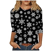 Christmas Vacation Shirt for Women Loose Fit Three Quarter Sleeve Tops Vintage Crew Neck Holiday Going Out Blouse