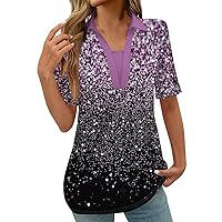 3/4 Length Sleeve Womens Tops,Workout Tops for Women Polo Shirts V Neck Short Sleeve Geometry Printed Blouse Fashion Casual Golf Shirts Women Short Sleeve Summer Tops