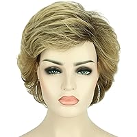 Short Curly Wavy Ombre Blonde Wigs with Hair Bangs Natural Looking Dark Roots Synthetic Full Hair Wig
