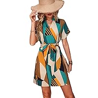 SOLY HUX Women's Summer Geo Print Wrap Mini Dress Colorblock Short Sleeve Curved Hem Belted Casual Tunic Dresses