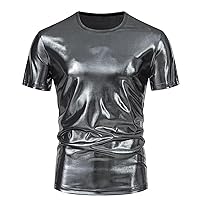Men's Slim Fit Shiny Metallic Tee Shirts for Nightclub Round Neck Short Sleeve 70s Disco Dancing Party Outfits Tops S-XXL