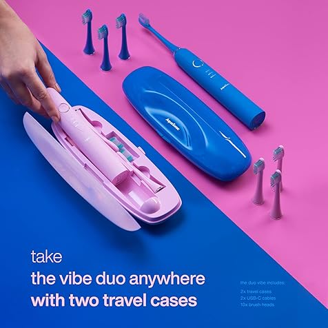 Vibe Duo - Dual Handle Ultra Whitening 40,000 VPM Fast Charging Electric ToothBrushes - 3 Modes with Smart Timers - 10 Dupont Brush Heads & 2 Travel Cases Included