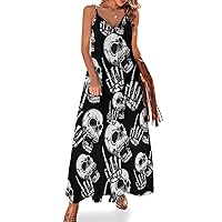 Rock 'N Roll Skull Women's Sling Dress Casual Loose Swing Dress Long Maxi Dresses for Beach Party 5XL