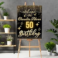 Birthday Party Welcome Sign, Personalized Poster for 50th Birthday, Black Gold Glitter Custom Name Age Posters Size 24x36in