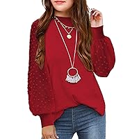 Arshiner Girls Puff Long Sleeve Sweaters Crewneck Lace Polka Dot Casual Knit Tops Pullover Jumper Outwear for Kids