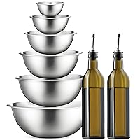 FineDine Stainless Steel Mixing Bowls (Set of 6) with Glass Oil Bottle Set