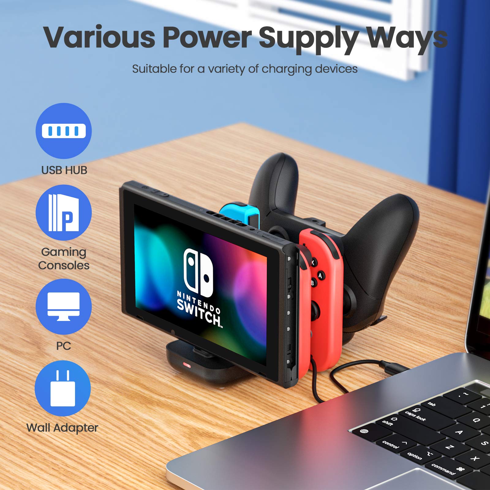 LVFAN Charger Dock for Nintendo Switch, 6 in 1 Charging Dock for Switch Controller with LED Indicator, 4 Joy-Con and 2 Type-C Cable Support Switch Pro Controller NS Joycon Charge Simultaneously