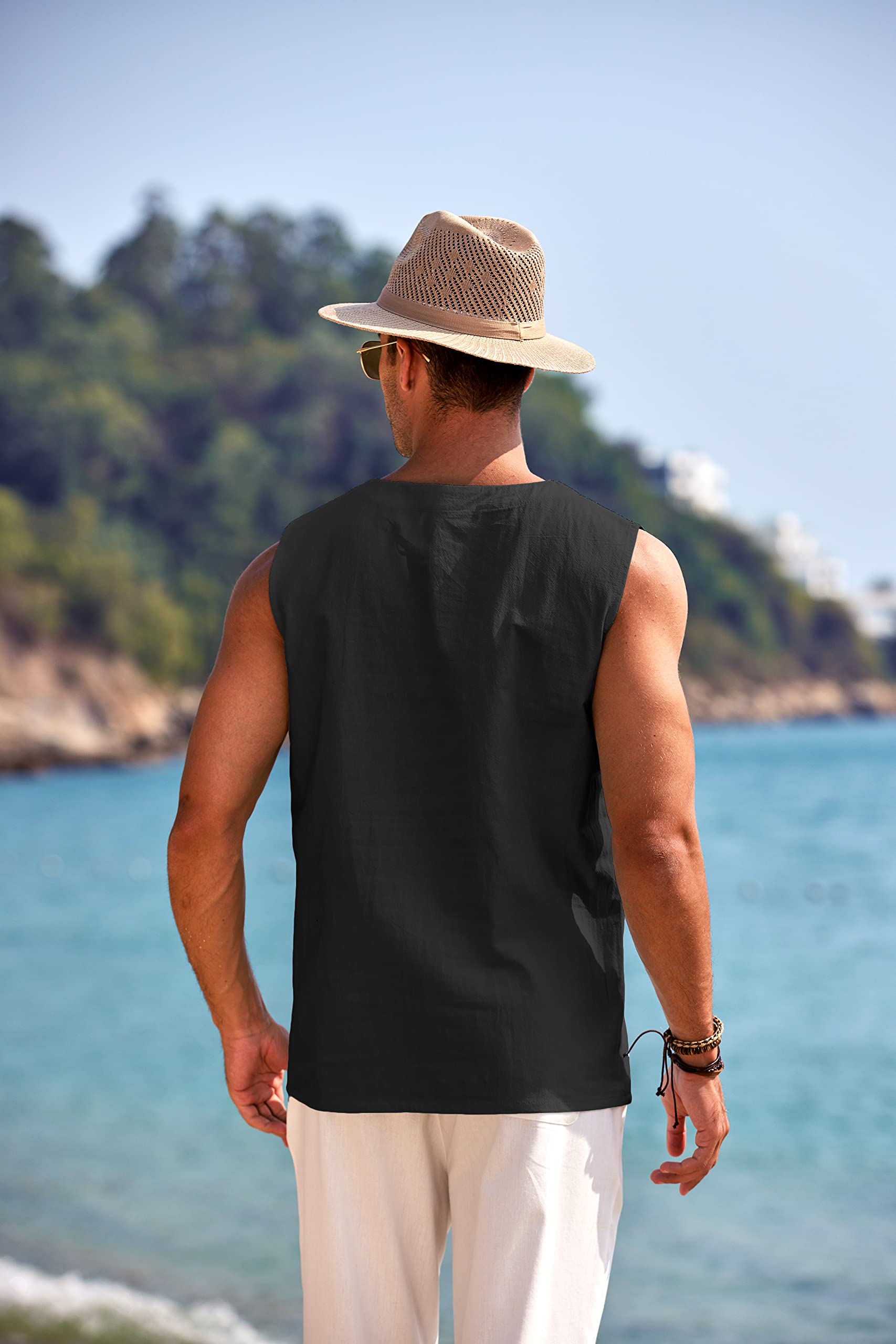 COOFANDY Men's Cotton Linen Tank Top Shirts Casual Sleeveless Lace Up Beach Hippie Tops Bohemian Renaissance Pirate Tunic