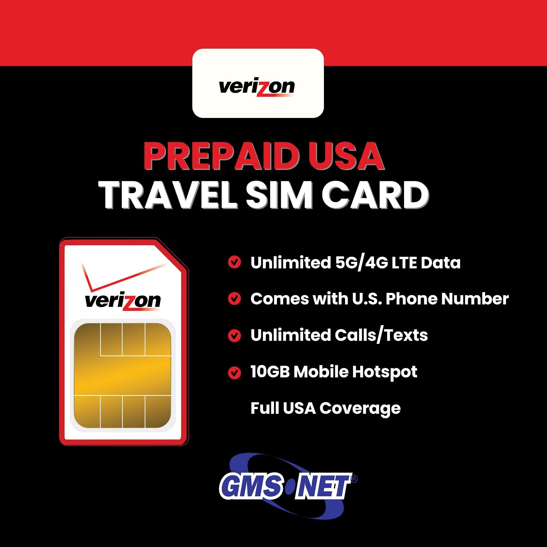 USA Verizon Prepaid SIM Card (30 Days) | Unlimited High-Speed 5G Data in The US | Unlimited Calls/Texts | Mexico & Canada Data/Calls/Texts/Tethering | Does NOT Work ON Portable Hotspot/ROUTERS