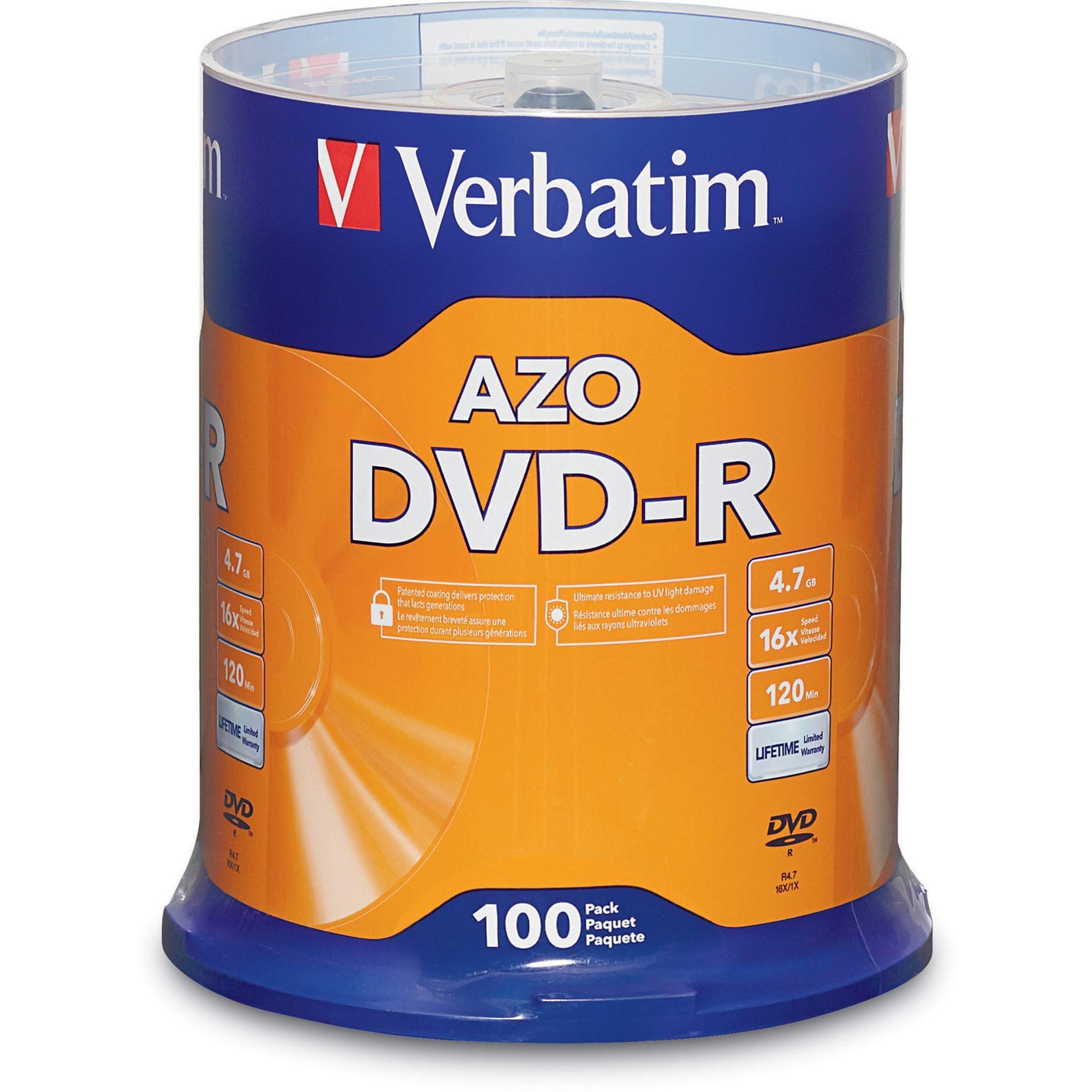 Verbatim DVD-R Blank Discs AZO Dye 4.7GB 16X Recordable Disc - 100 Pack Spindle