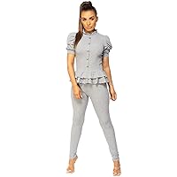 Lexi Fashion Womens Short Sleeve Loungewear Suit 2Pc Frill Peplum Rib Fine Knit Tracksuit Set