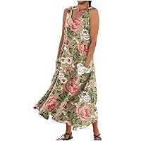 Summer Dresses 2024 Sleeveless Print Maxi Dress with Round Neck and Two Large Pockets Dresses for Women 2024