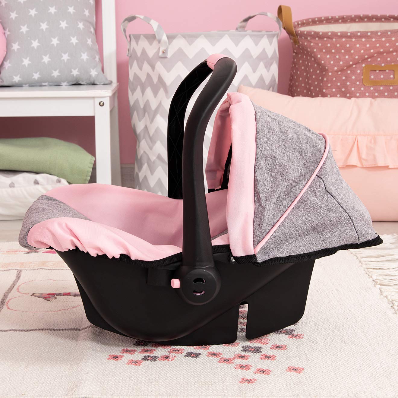 Bayer Design 67933AA Toy, Car Seat Easy Go for Neo Vario Pram with Cover, Doll Accessories, Pink, Grey with Butterfly