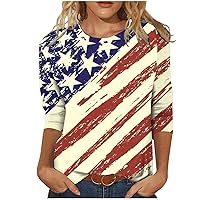 4Th of July Shirts for Women Star Stripes American Flag T Shirt 3/4 Sleeve Crew Neck Summer Tops Casual Blouses