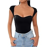 OYOANGLE Women's Cut Out Backless Sweetheart Neck Cap Sleeve Bodysuit Solid Slim Fit One Piece Bodysuits