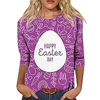 Easter Shirts for Girls, Basic Tees for Women Summer Tops Women's 3/4 Sleeve Tunic Tee O-Neck Tshirt Casual Tops Easter Fashion Summer Shirt Graphic Tees 2024 Blouse Thermal (Dark Purple,X-Large)