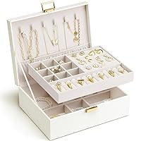 2 Layer Jewelry Box Large Jewelry Organizer for Women Removable Jewelery Tray for Necklace Earrings Rings Bracelets Jewelry Boxes for Mothers Day Gifts for Mom (White)
