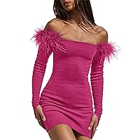 BTFBM Women's Off Shoulder Bodycon Dress Feather Long Sleeve Ribbed Knit Elegant Cocktail Evening Party Mini Dresses