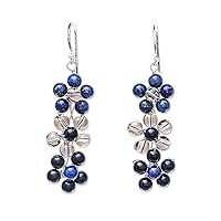 NOVICA Handmade .925 Sterling Silver Lapis Lazuli Beaded Dangle Earrings Glass from Thailand Birthstone Gemstone Floral [1.9 in L x 0.6 in W] 'Rainbow Blossom'