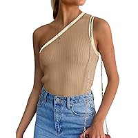 ZESICA Women's One Shoulder Tank Top Summer Sleeveless T Shirt Ribbed Knit Color Block Slim Fit Basic Tee Tops
