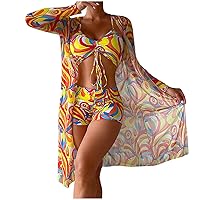 Bikini Sets for Women Sexy Sling Tops Shorts with Swimwear Coverups 3 Piece Bathing Suit Trendy Printed Beachwear