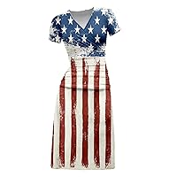 July 4th Women Ruched High Waist Star Stripe A-Line Dress Summer Wrap V-Neck Short Sleeve Elegant Mid Sheath Dresses