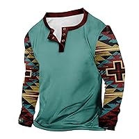 Mens Henley Long Sleeve T-Shirt Ethnic Aztec Print Tops Blouse Casual Button Down Sports Bodybuilding Muscle Shirts