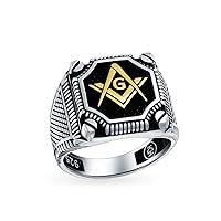 Mens Large Solid Tri Tone Black Inlay Style Compass Freemason Masonic Signet Ring For Men Oxidized Gold- Tone .925 Silver Made In Turkey
