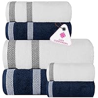 CASA COPENHAGEN Solitaire Designed in Denmark 600 GSM 2 Bath Towels 2 Hand Towels 2 Washcloths, Super Soft Egyptian Cotton 6 Towels Set for Bathroom, Kitchen & Shower - Navy Blue + White