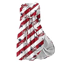 American Flag Plus Size Dress Women 3/4 Sleeve 4th of July Patriotic Stars Stripes Lace-Up Henley Shirt Beach Dress
