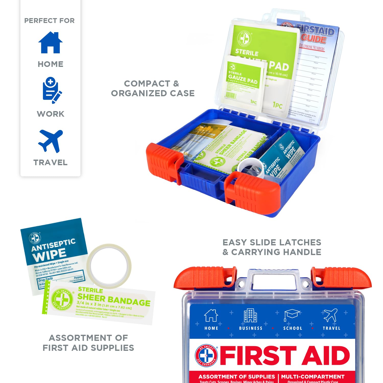 Be Smart Get Prepared 110 pc First Aid Kit: Clean, Treat, Protect Minor Cuts, Home, Office, Car, School, Business, Travel, Emergency, Outdoor, Camping & Sports, FSA/HSA (Packaging may vary)