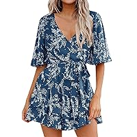 Women's 2024 Casual Loose Overalls Jumpsuits One Piece Flared Sleeve Printed Wide Leg Shorts Pant Rompers With Pockets