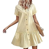 Ruched Dresses for Women Solid Color Simple Casual Classic Loose Fit with Short Sleeve V Neck Button Dress