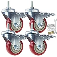 Swivel Stem Casters, Heavy Duty Double-Locking Castors with Red PU Wheels Quiet and No Marking with Metric Thread Rods M10-1.5x25mm 800-1000lb Load Capacity Pack of 4 (3 Inch)