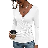 Women's Long Sleeve Deep V Neck Tops Wrap Ruched Slim Fit Shirts Button Side Blouse